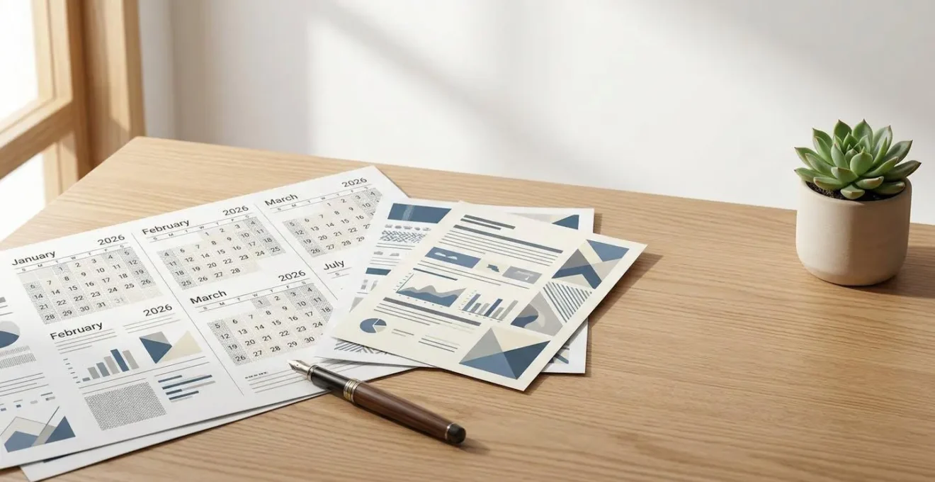 Bureau avec calendrier et documents de mutuelle disposés de manière organisée pour illustrer la planification d'un changement