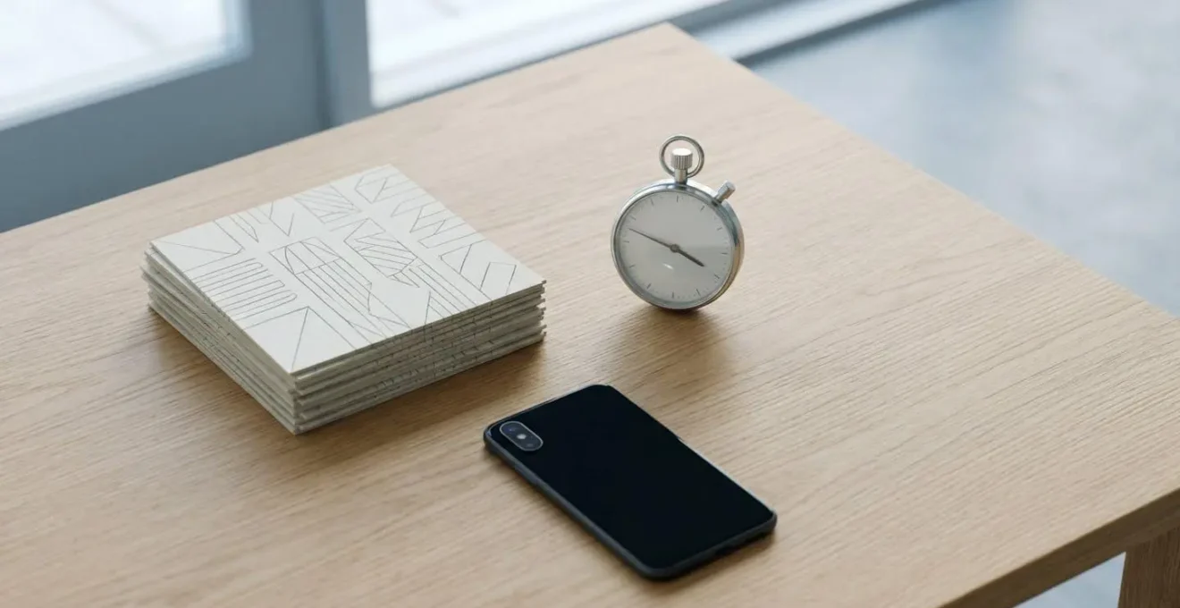 Bureau avec chronomètre, pile de documents et téléphone professionnel