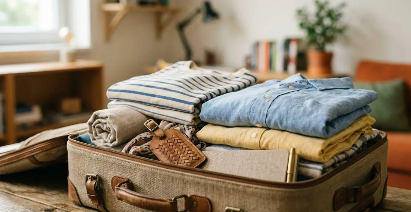 Valise ouverte avec affaires soigneusement rangées dans un appartement d'étudiant