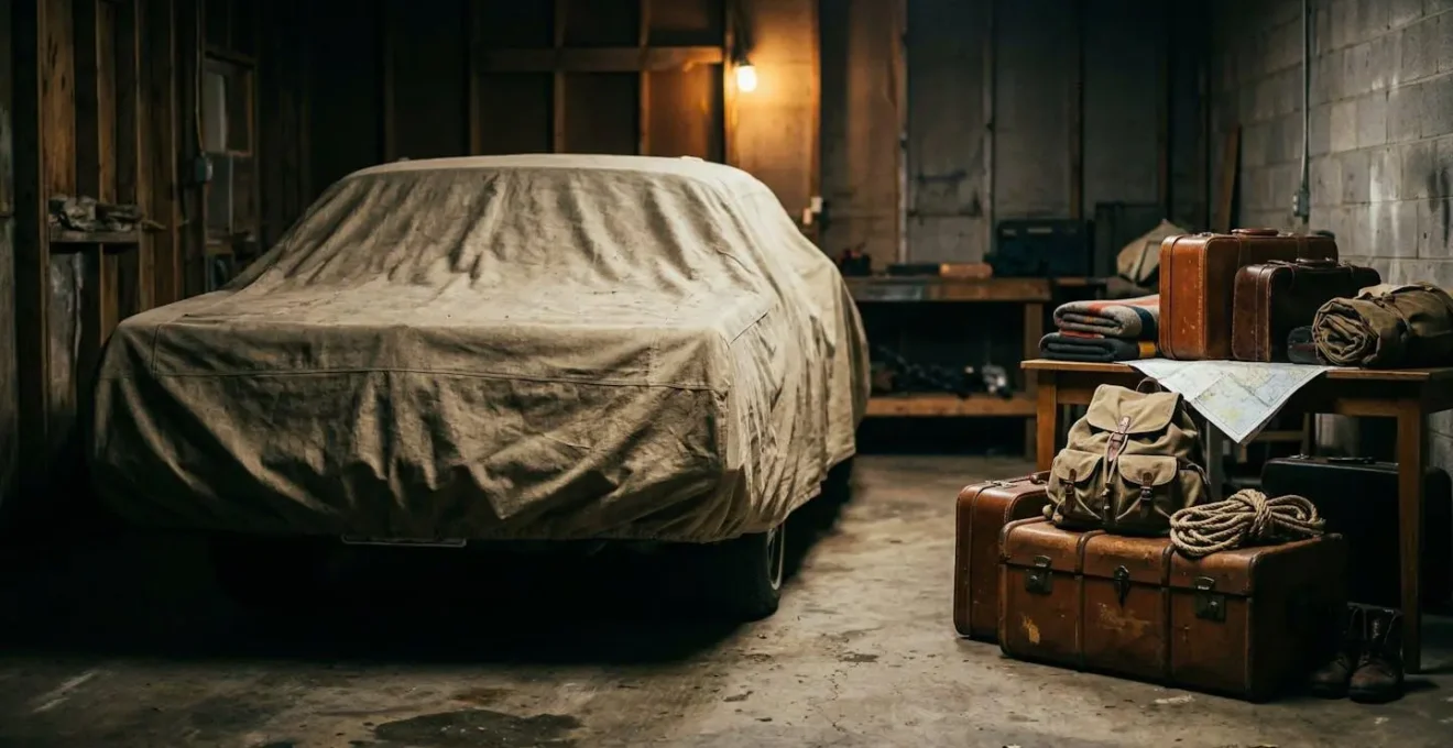 Véhicule stationné dans un garage sécurisé avec valises de voyage à l'arrière-plan