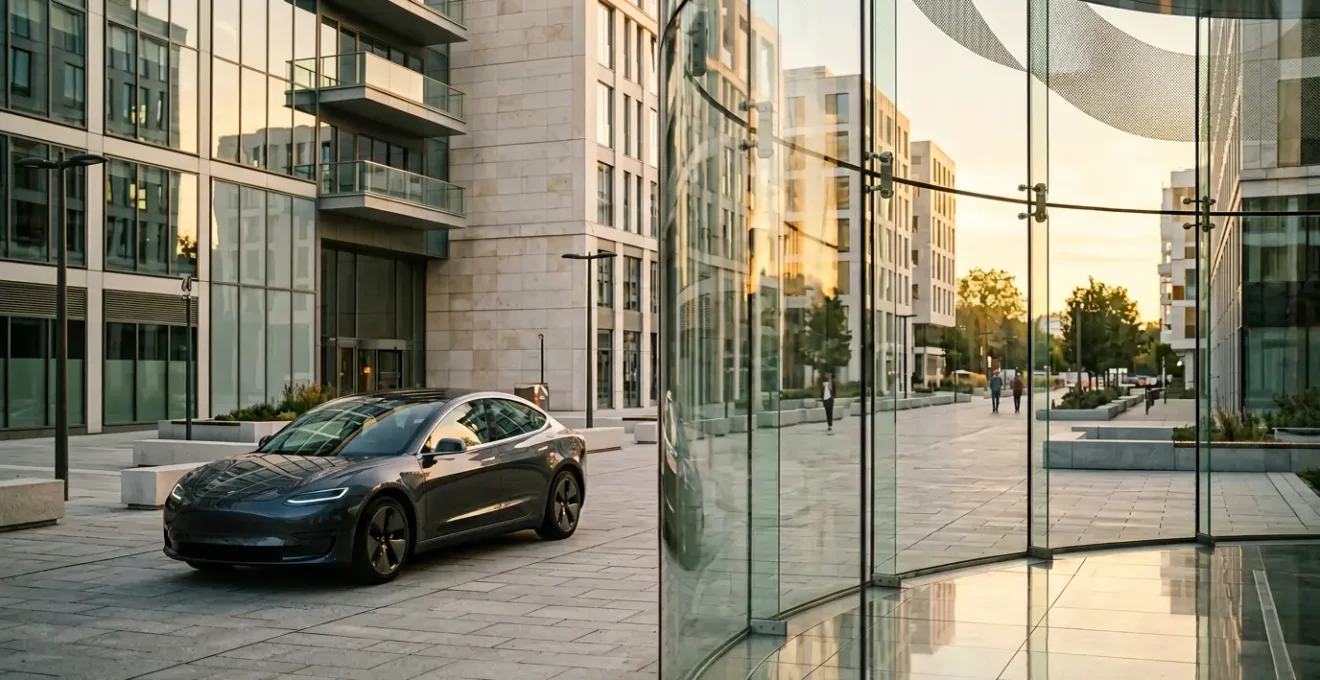 Vue artistique d'une voiture moderne dans un environnement urbain français avec éléments graphiques suggérant la protection financière