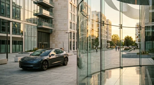 Vue artistique d'une voiture moderne dans un environnement urbain français avec éléments graphiques suggérant la protection financière