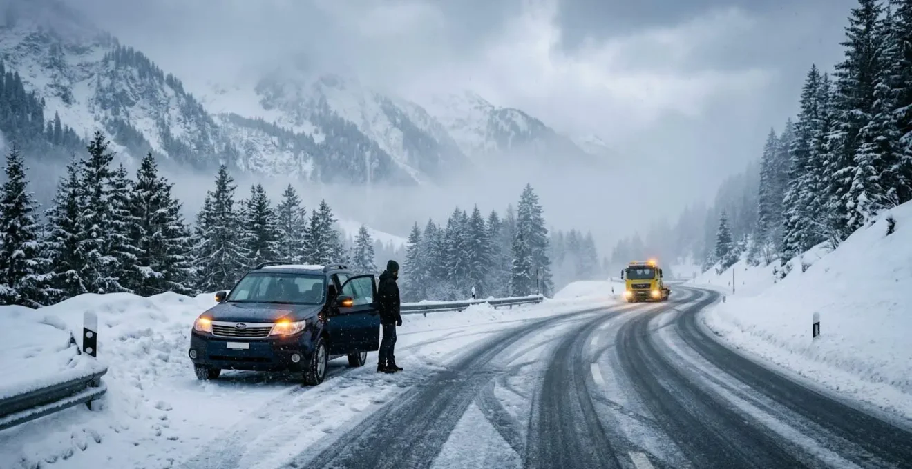 Scène hivernale avec véhicule immobilisé sur route enneigée et dépanneuse en approche