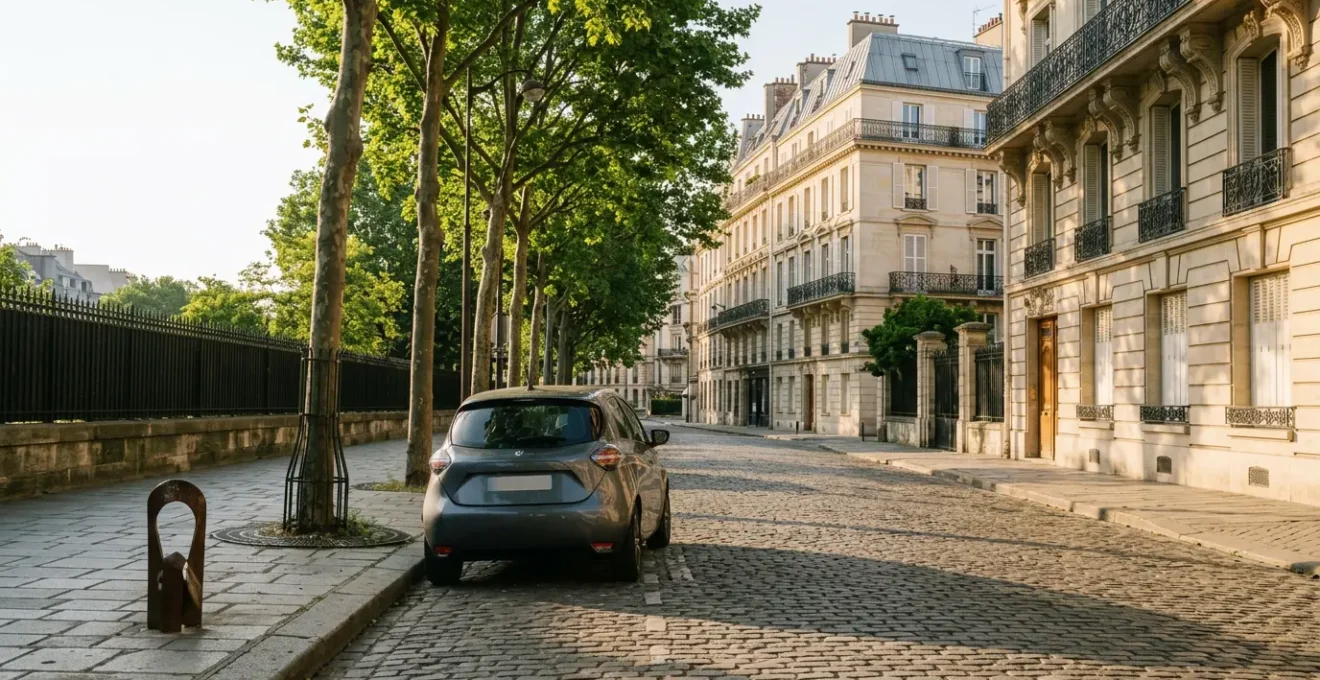 Une petite voiture urbaine garée dans une rue calme d'une ville française