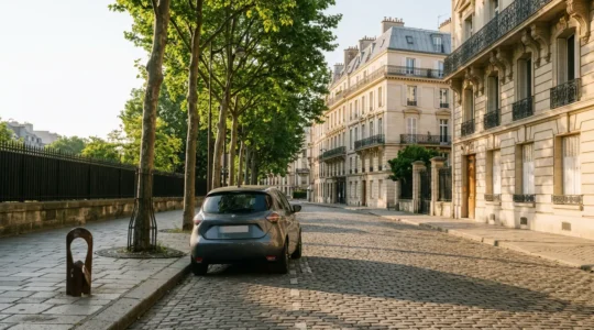 Une petite voiture urbaine garée dans une rue calme d'une ville française