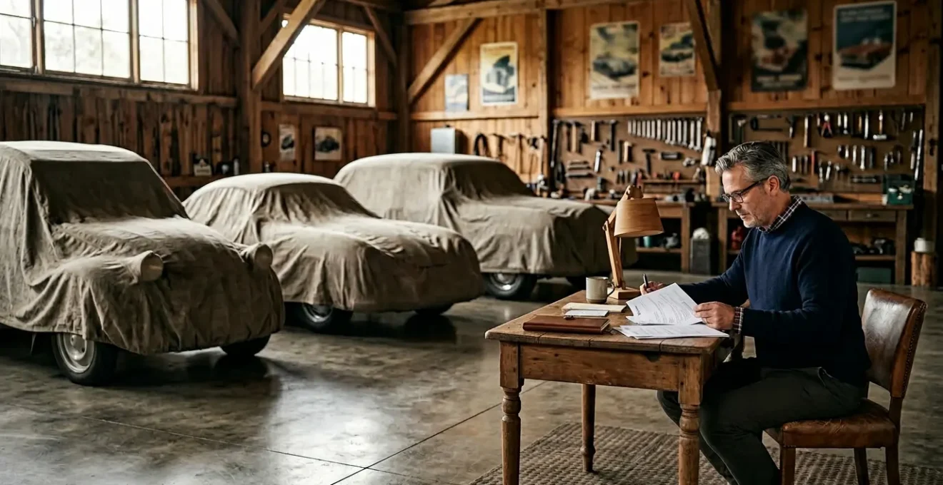 Garage de collection avec plusieurs véhicules anciens sous housse et un propriétaire examinant des documents d'assurance