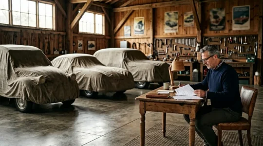 Garage de collection avec plusieurs véhicules anciens sous housse et un propriétaire examinant des documents d'assurance