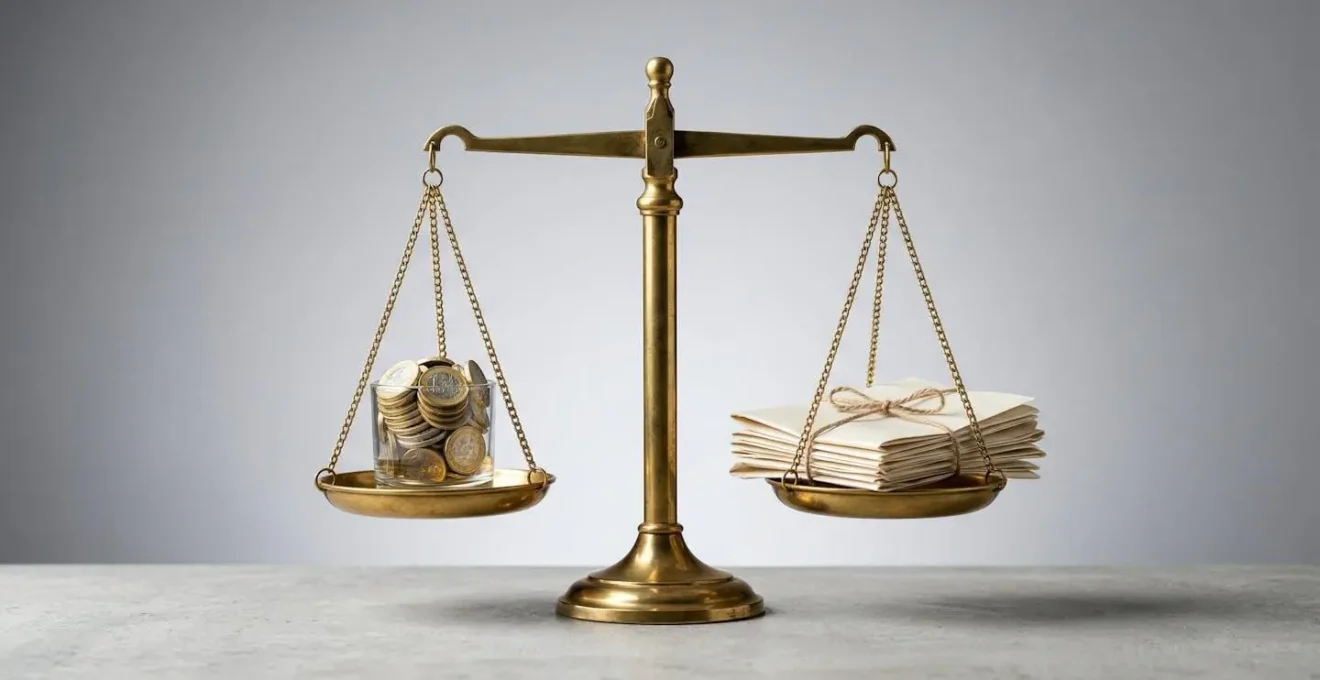Balance équilibrée symbolisant le choix entre avance et rachat