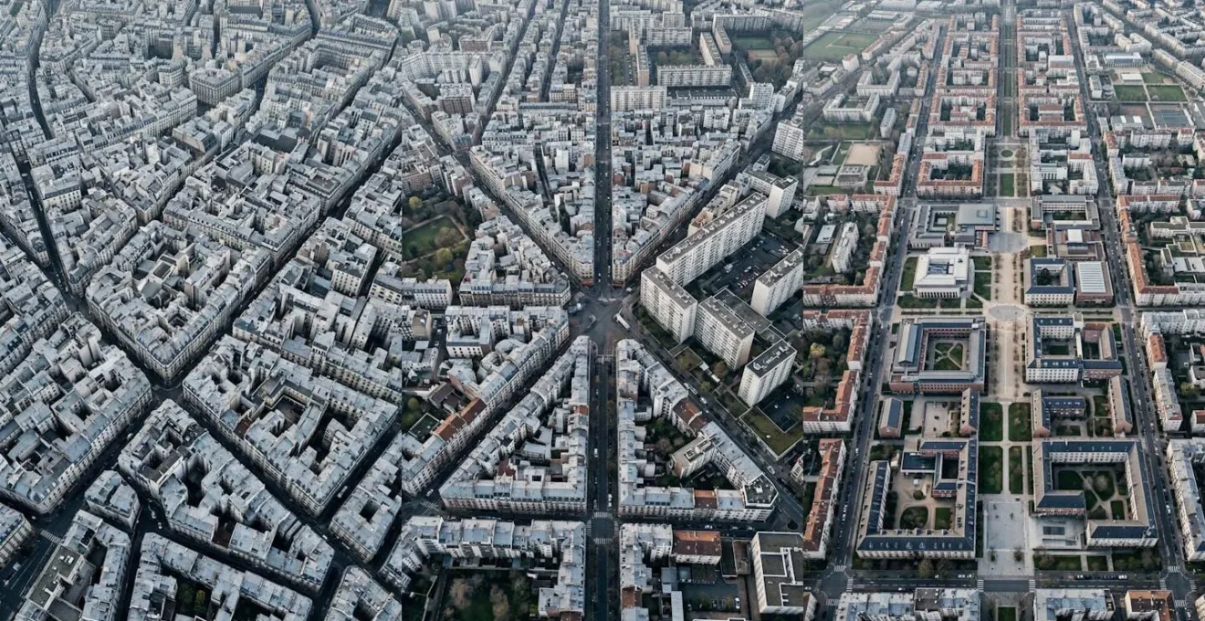 Vue aérienne de différentes villes universitaires françaises avec variations de densité urbaine