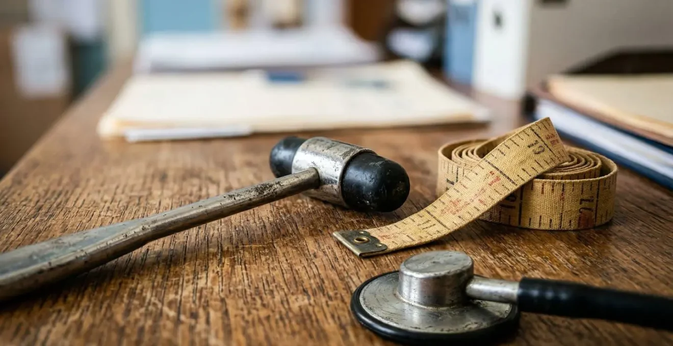 Matériel médical d'évaluation disposé sur bureau avec stéthoscope et documents flous