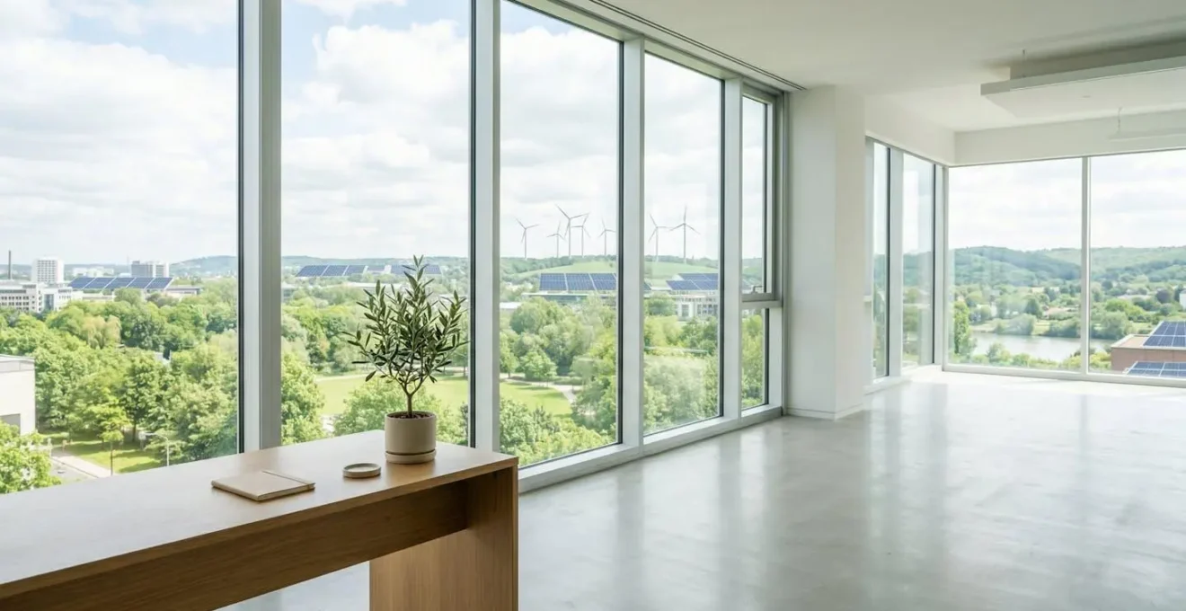 Concept d'investissement durable et responsable en assurance vie, avec un bureau moderne donnant sur un paysage urbain vert.