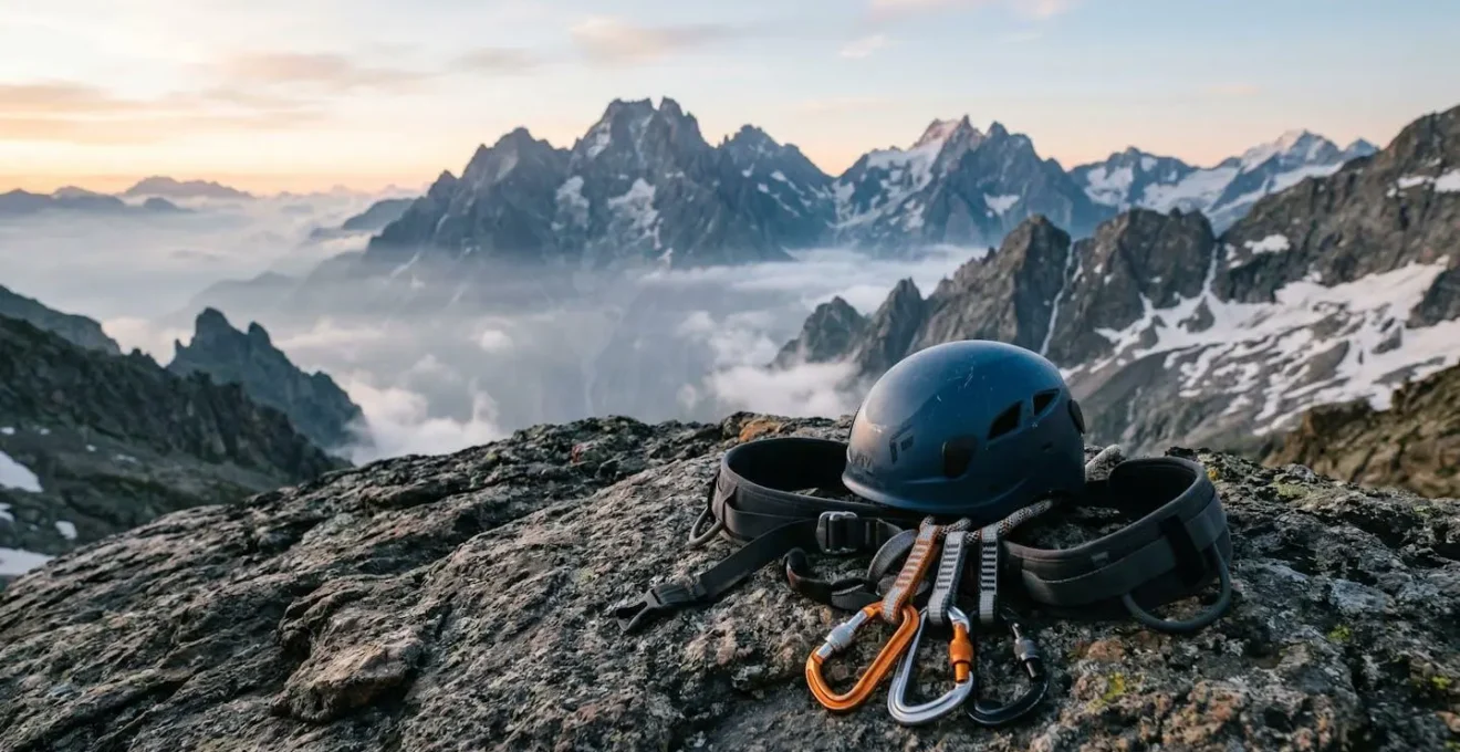 Équipement de protection pour sports de montagne disposé sur rocher alpin